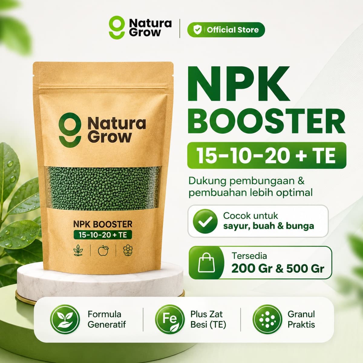 Pupuk NPK Booster NaturaGrow 15-10-20 + TE Cap Tawon Pupuk Bunga Buah untuk Cabai Tomat Sayur Tanaman 200gr 500gr