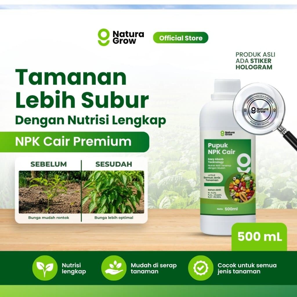 Naturagrow - Pupuk NPK Cair 500ml | Nutrisi Lengkap Penyubur Tanaman, Akar Kuat, Daun Hijau & Cepat Tumbuh